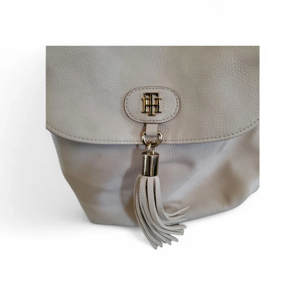 Authentic Tommy Hilfiger Cream Backpack Bag with Tassel Vegan Faux Leather
